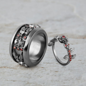 His and Her Skull Rings Rose Flower Gothic Engagement Ring Set