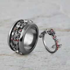 His and Her Skull Rings Rose Flower Gothic Engagement Ring Set
