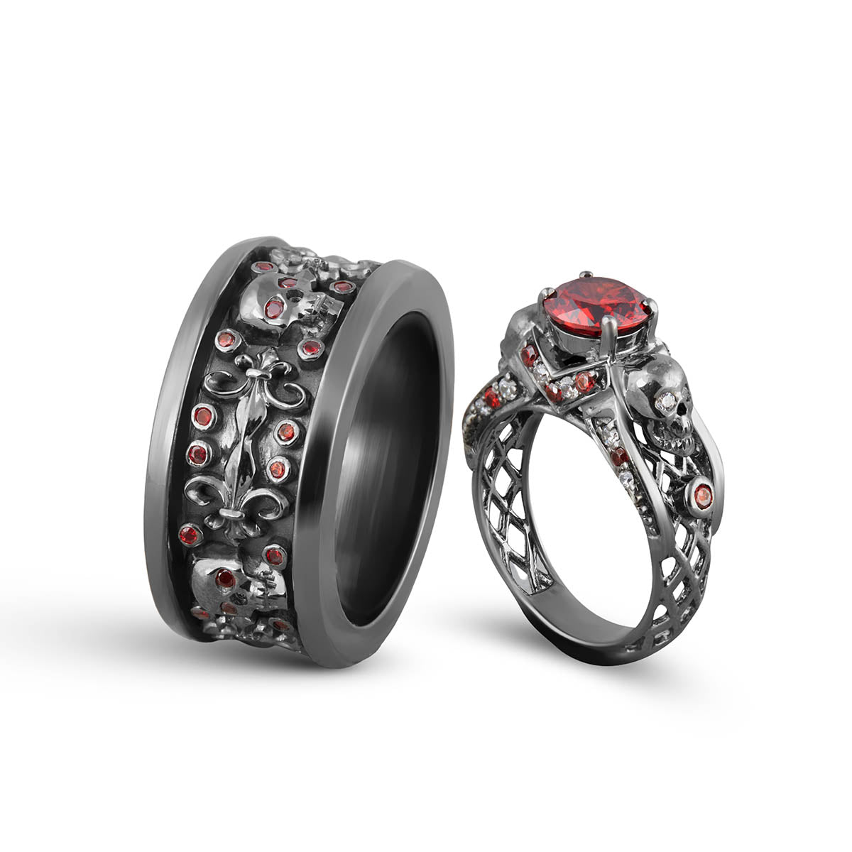 Garnet Skull Engagement Ring Set Gothic Skull Couple Rings