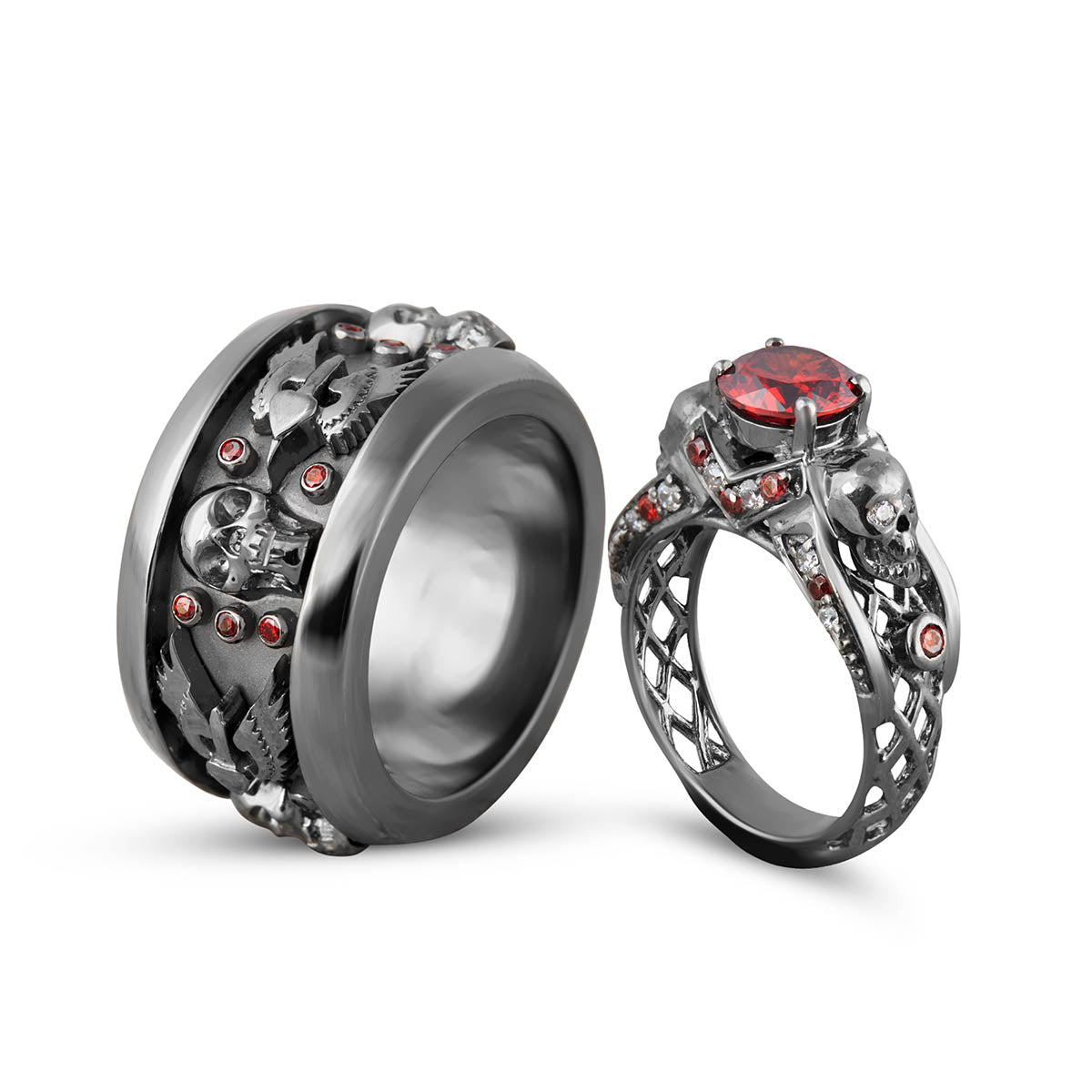 His Her Skull Engagement Ring Set Matching Couple Rings Silver
