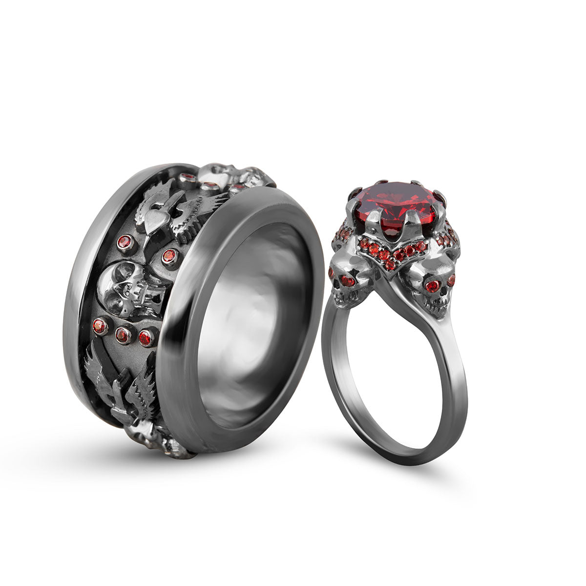 Couple Skull Wedding Ring Set 1.65ctw Garnet Skull Rings His Her