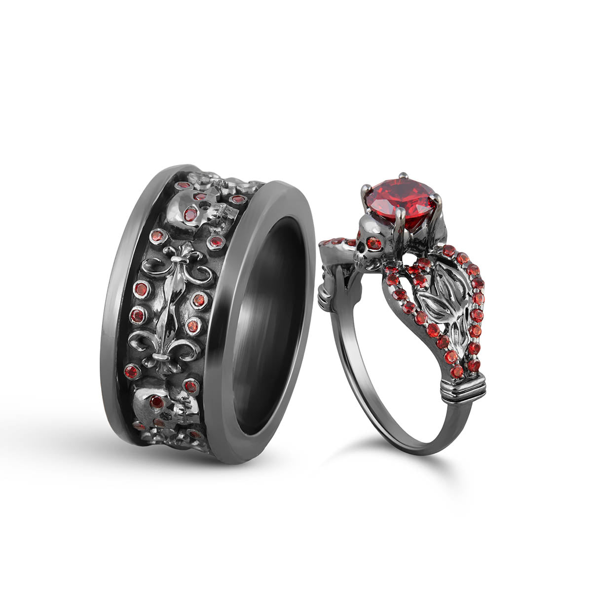 Garnet Floral Skull Wedding Rings Matching Skull Ring Set Silver