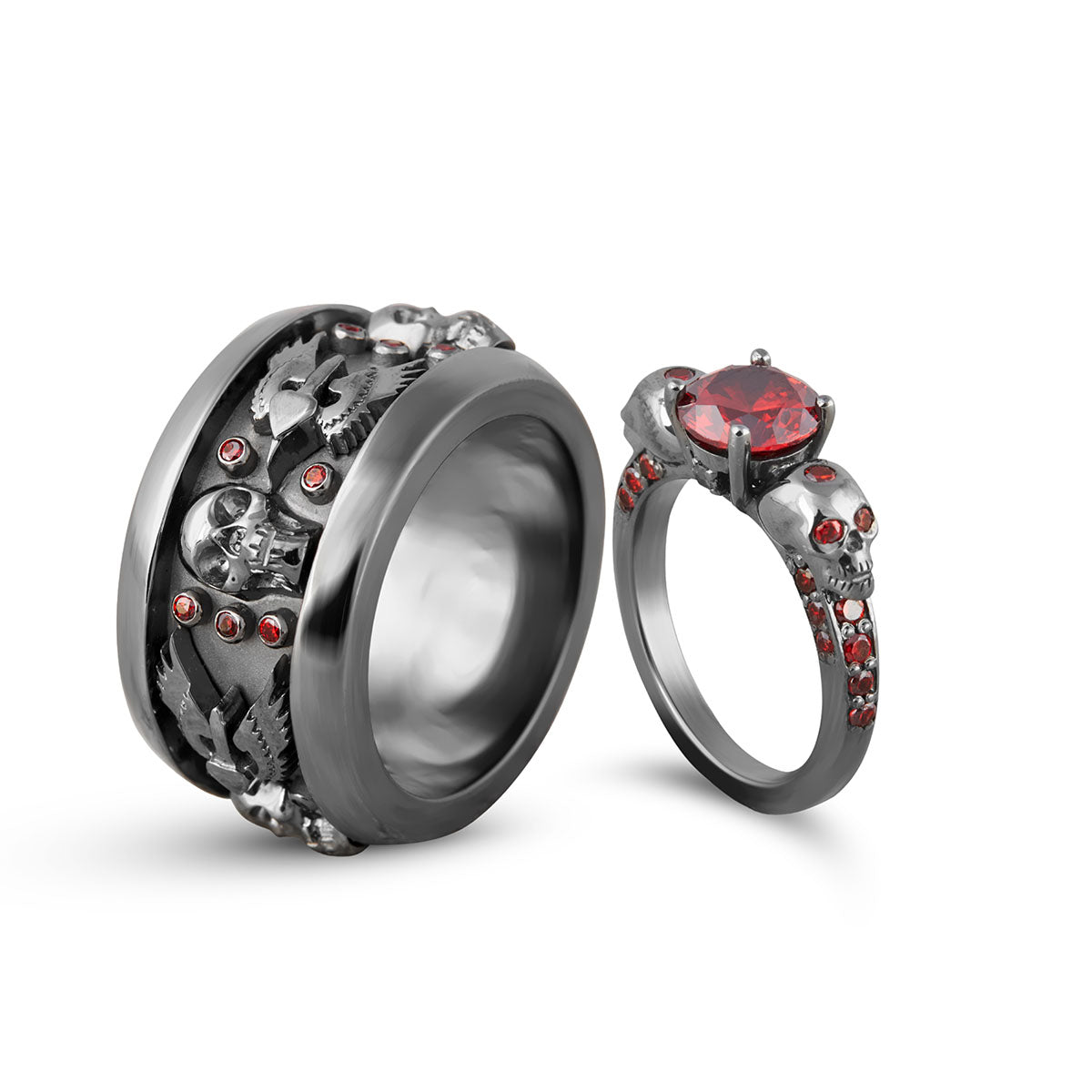 Matching Skull Engagement Ring Set His and Her Gothic Rings 2pc