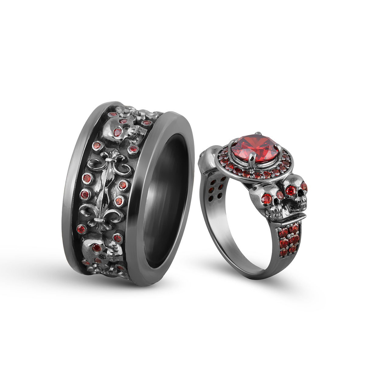 Garnet Skull Engagement Rings His and Her Skull Wedding Set