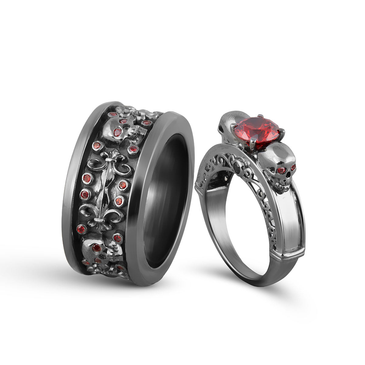 Fleur De Lis Skull Wedding Rings Gothic Couple Set Sterling Silver