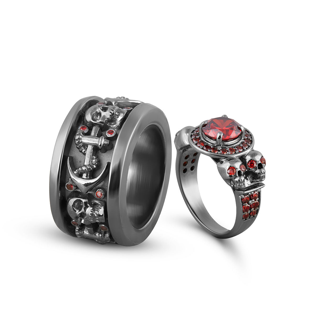 Red Garnet Skull Couple Rings Matching Gothic Wedding Ring Set