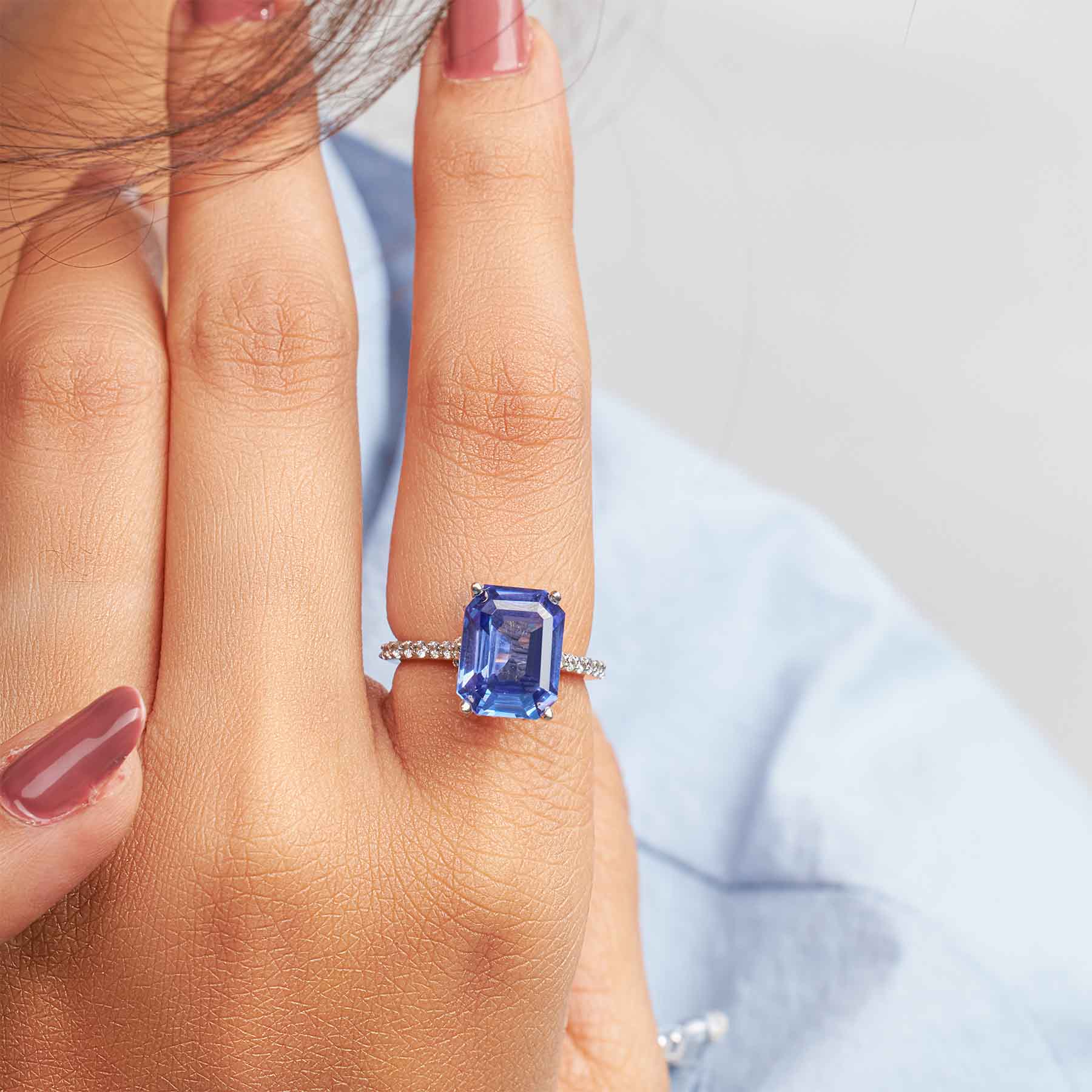 Women's Statement Ring Emerald Cut Blue Titanic Gemstone Hidden Halo Moissanite Cathedral