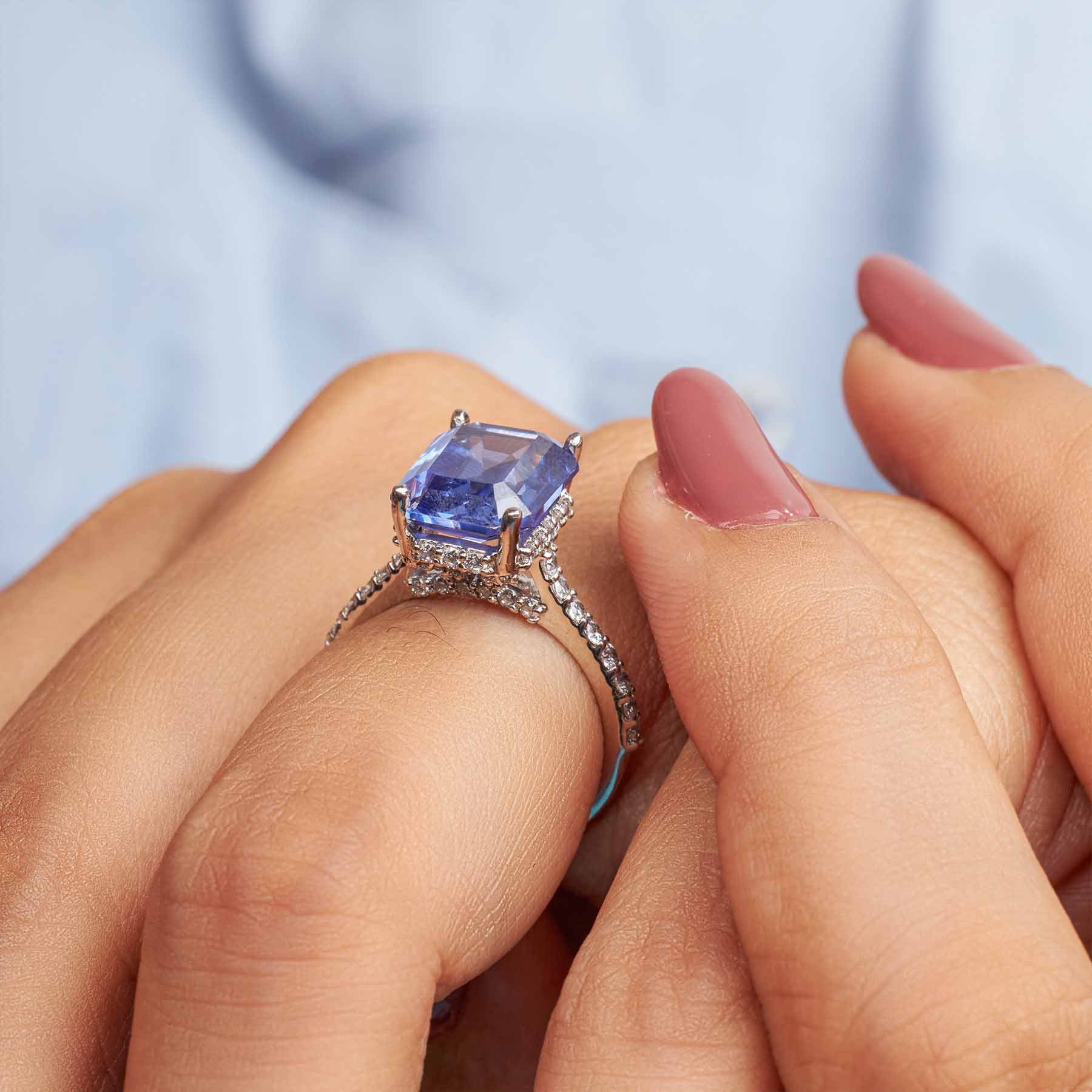 Women's Statement Ring Emerald Cut Blue Titanic Gemstone Hidden Halo Moissanite Cathedral