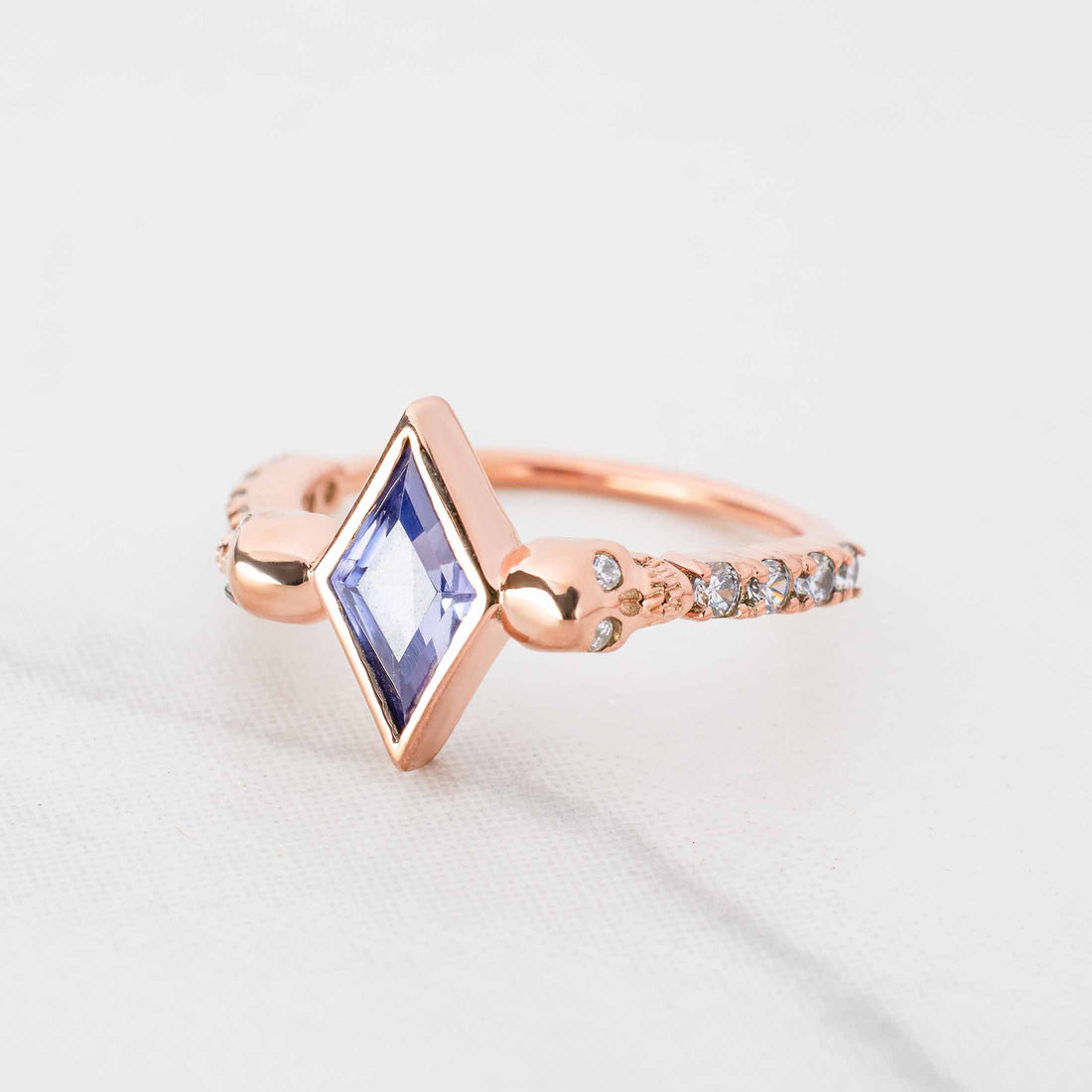 Skull Ring Kite Cut Titanic Blue Gemstone Gothic Engagement Rings Rose Gold