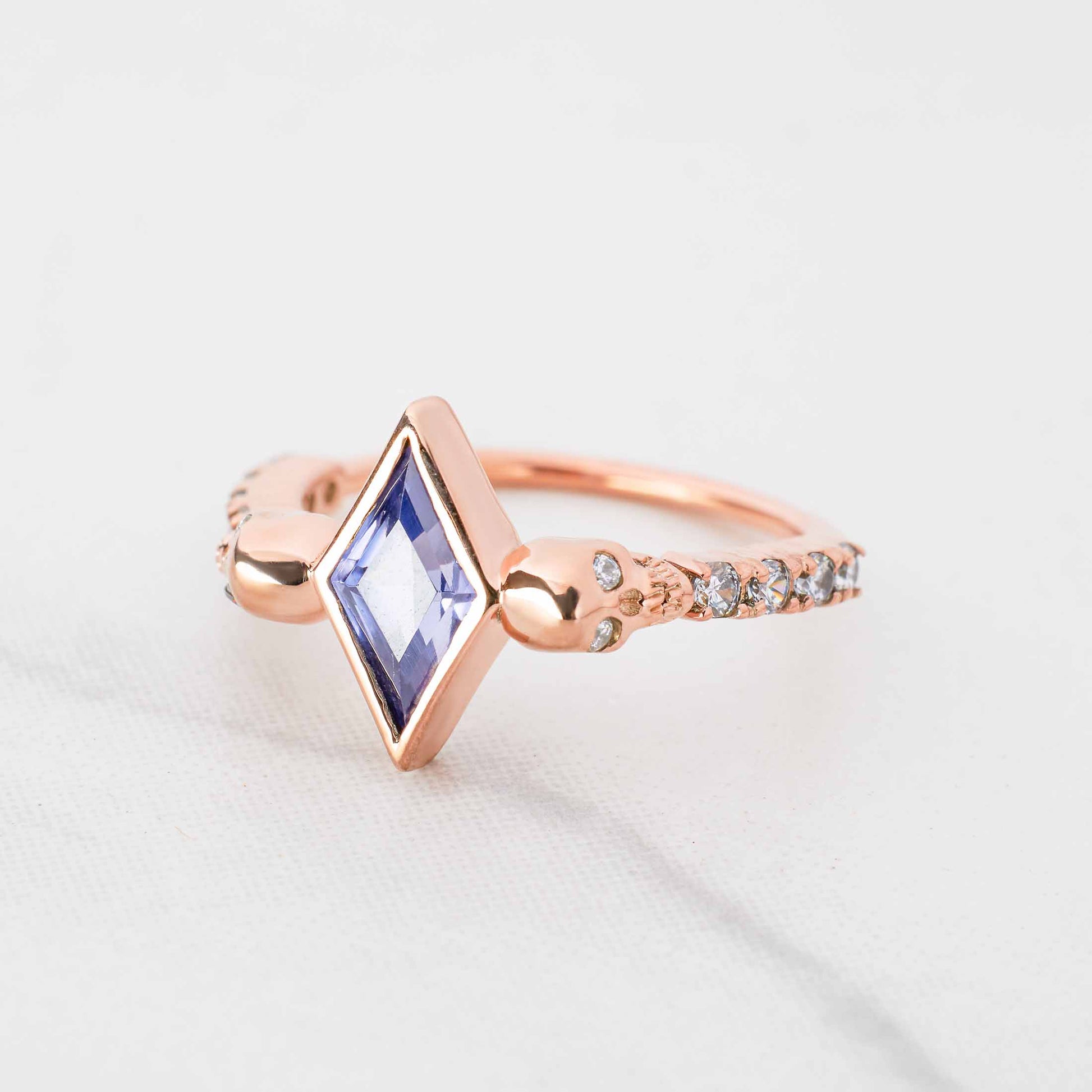 Skull Ring Kite Cut Titanic Blue Gemstone Gothic Engagement Rings Rose Gold
