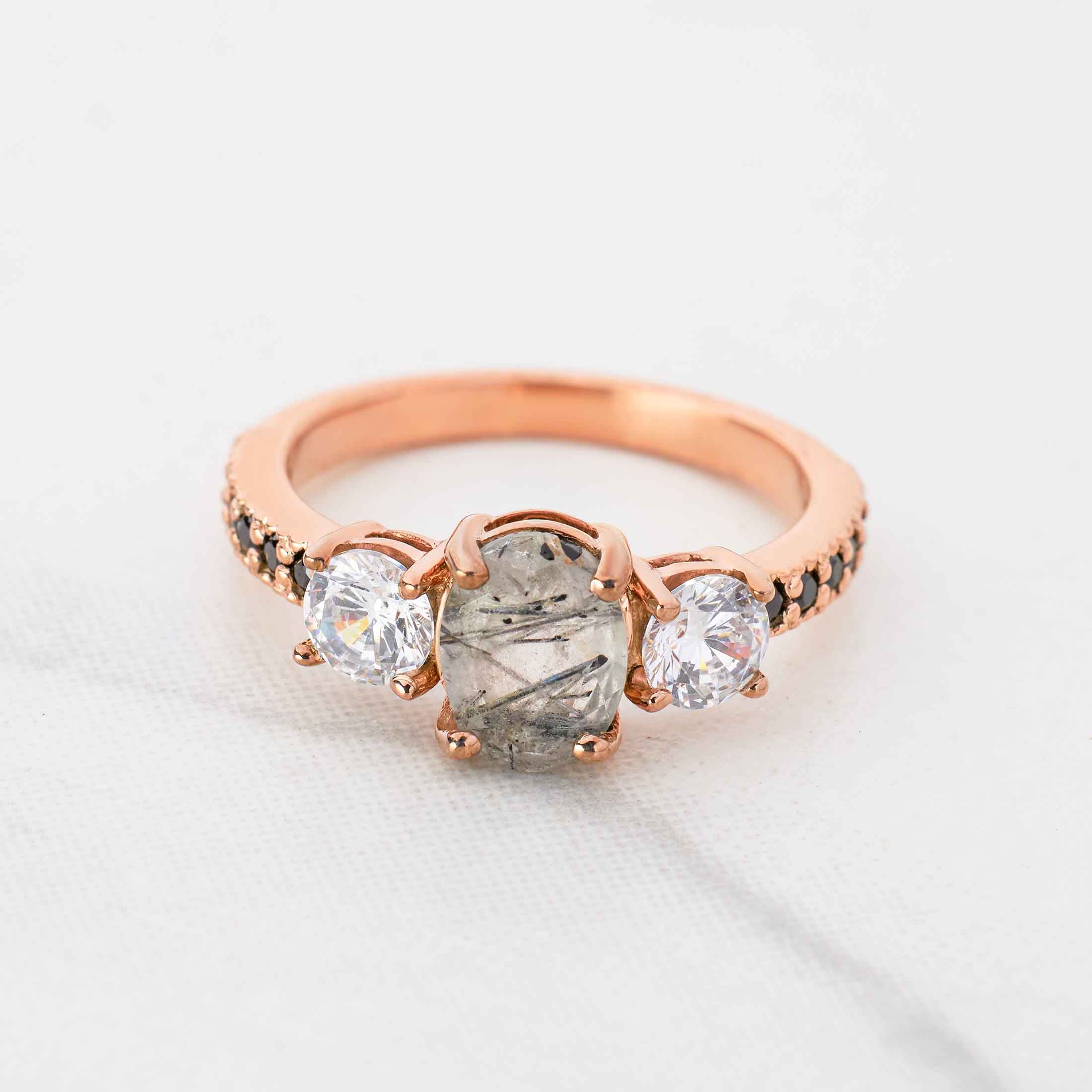 Rutilated Quartz Engagement Ring Set 3 Stone Bridal Rings