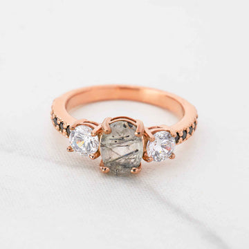 Oval Rutilated Quartz Ring 3 Stone Engagement Ring Rose Gold