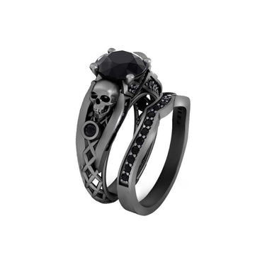 Mesh Skull Engagement Ring Set Black Onyx Gun Metal Finish