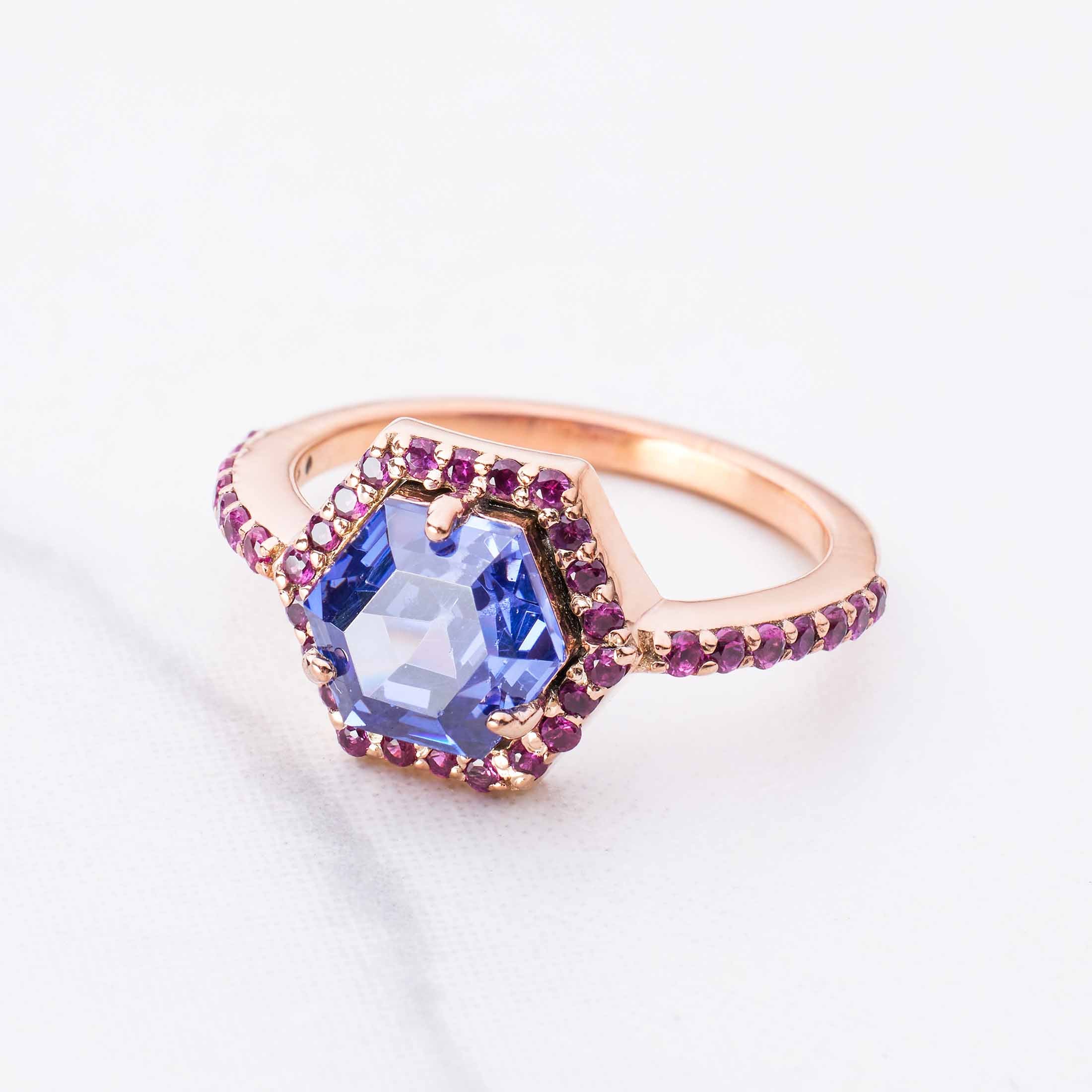 Hexagon Titanic Gemstone Ring Halo Cocktail Engagement Rings