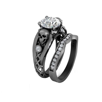 Black skull ring with diamonds, gothic bridal set