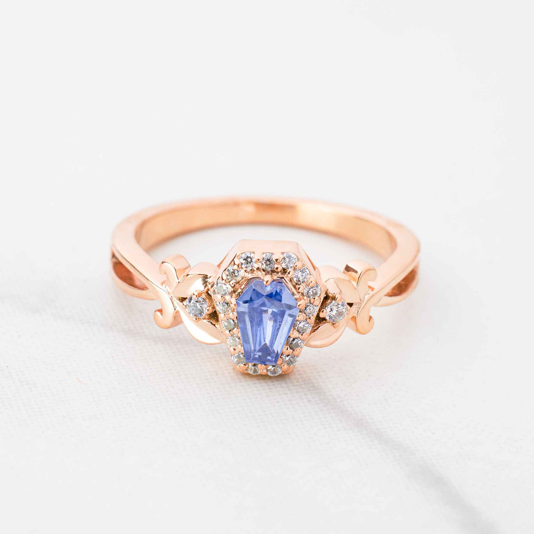 Art Nouveau Coffin Ring Blue Titanic Gemstone Engagement Rings Rose Gold