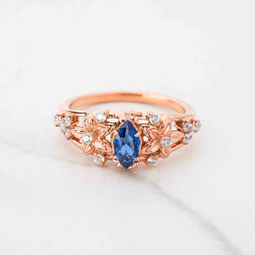 Art Nouveau Sapphire Ring Rose Gold Flower Engagement Ring Art Deco