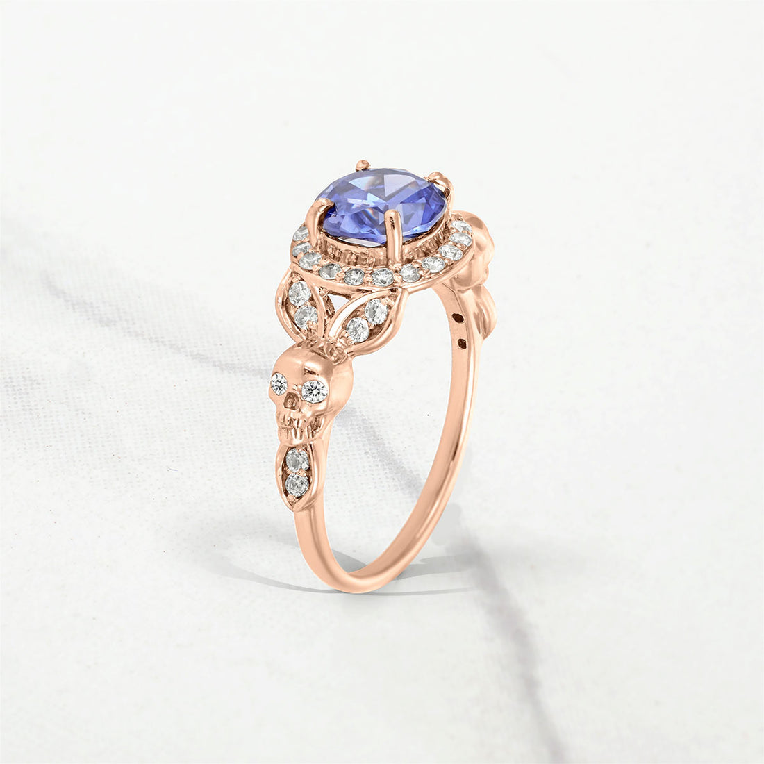 Leaf Skull Ring for Women Blue Titanic Gemstone Gothic Engagement Wedding Rings Silver Rose White gold