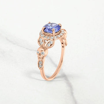 Leaf Skull Ring for Women Blue Titanic Gemstone Gothic Engagement Wedding Rings Silver Rose White gold