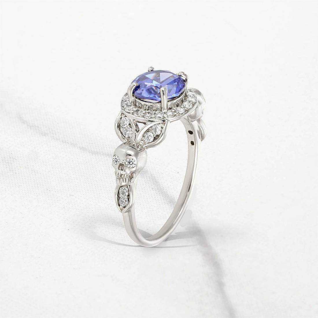 Leaf Skull Ring for Women Blue Titanic Gemstone Gothic Engagement Wedding Rings Silver Rose White gold