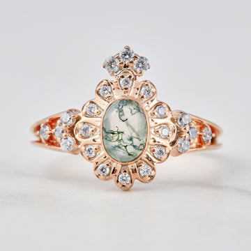 Moissanite And Moss Agate Engagement Ring