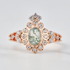 Moissanite And Moss Agate Engagement Ring Oval 14k Rose Gold