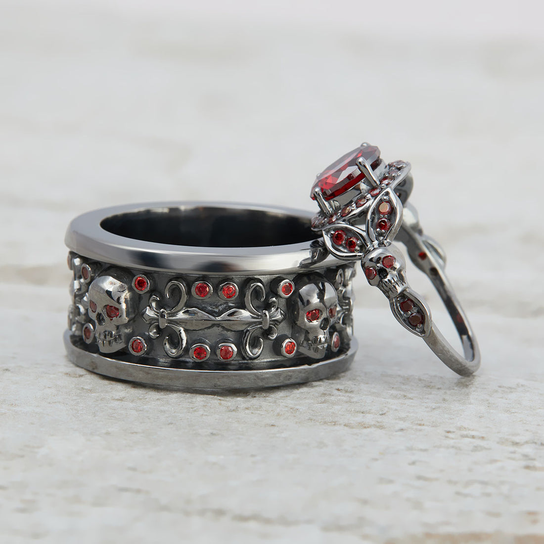 Floral Skull Engagement Ring Band Set