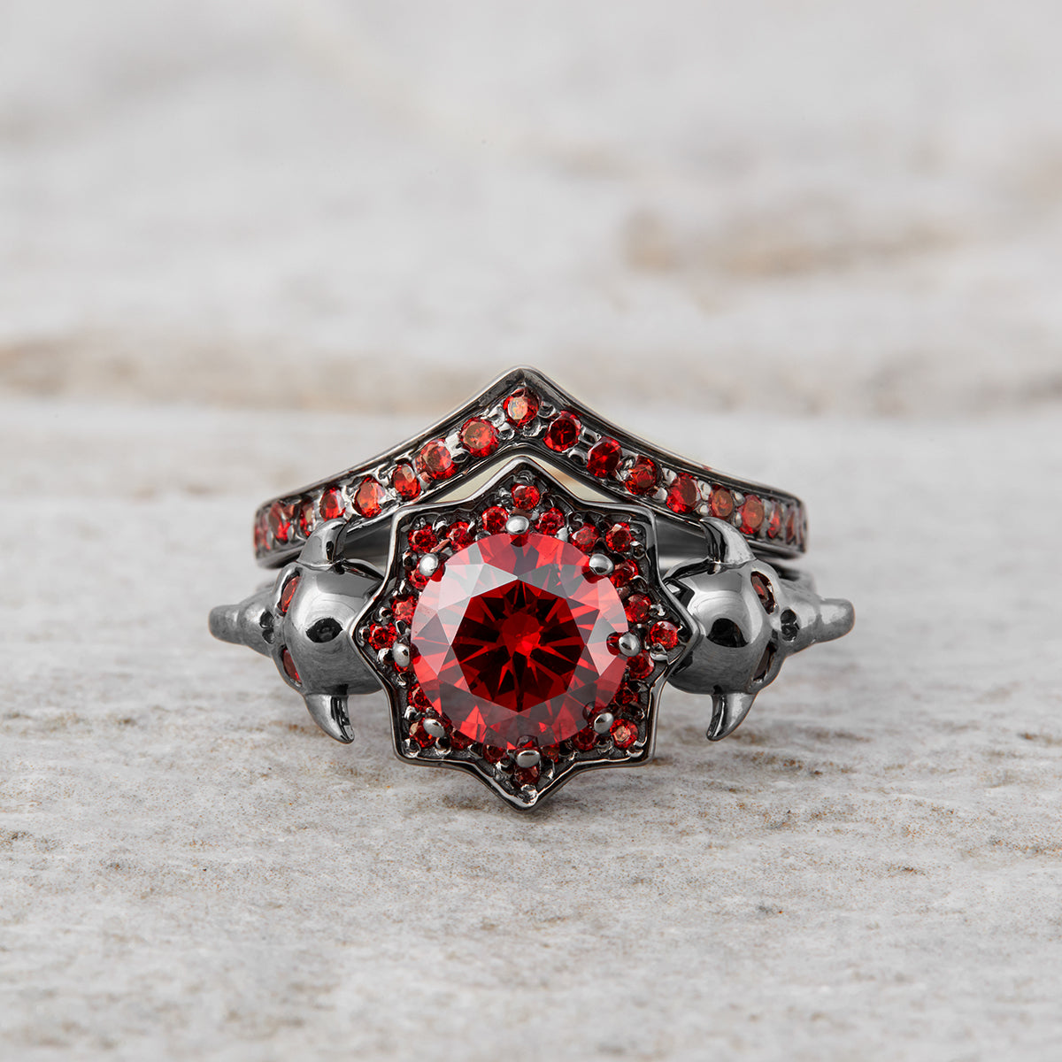Vampire Skull Ring Set Red Garnet Gothic Skull Engagement Ring