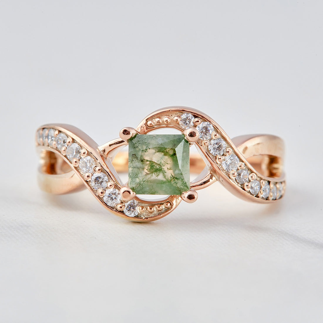Princess Cut Moss Agate Engagement Ring