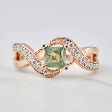 Princess Cut Moss Agate Engagement Ring