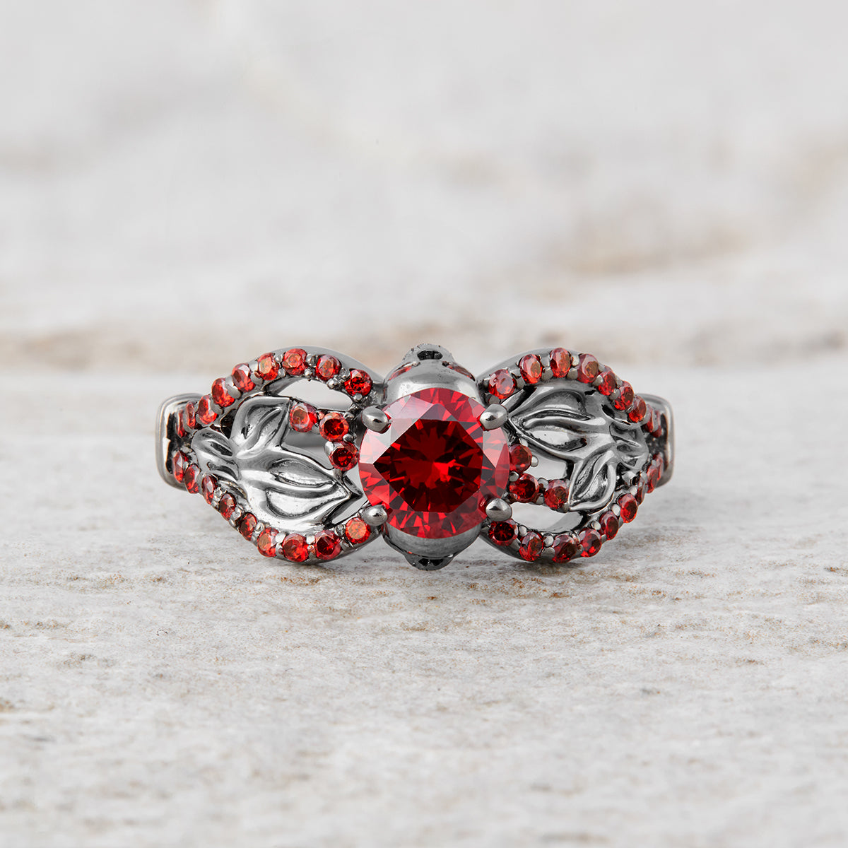 Leaf Skull Engagement Ring Red Garnet Gothic Skull Ring Silver