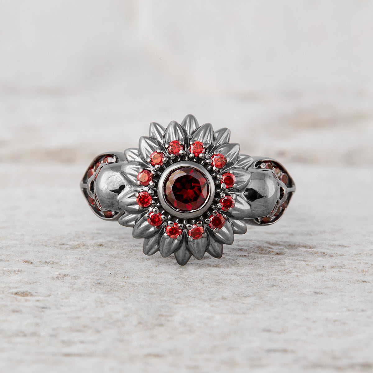Skull Flower Engagement Ring Gothic Skull Ring Silver Gun Metal