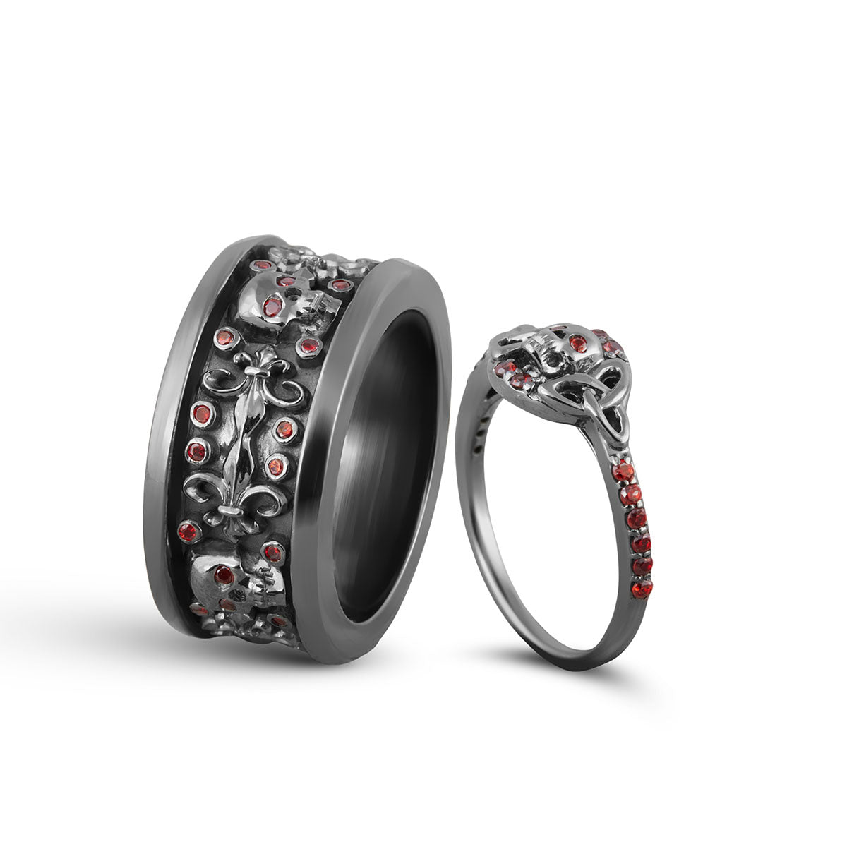 Floral Skull Wedding Ring Set Gothic Couple Rings Sterling Silver