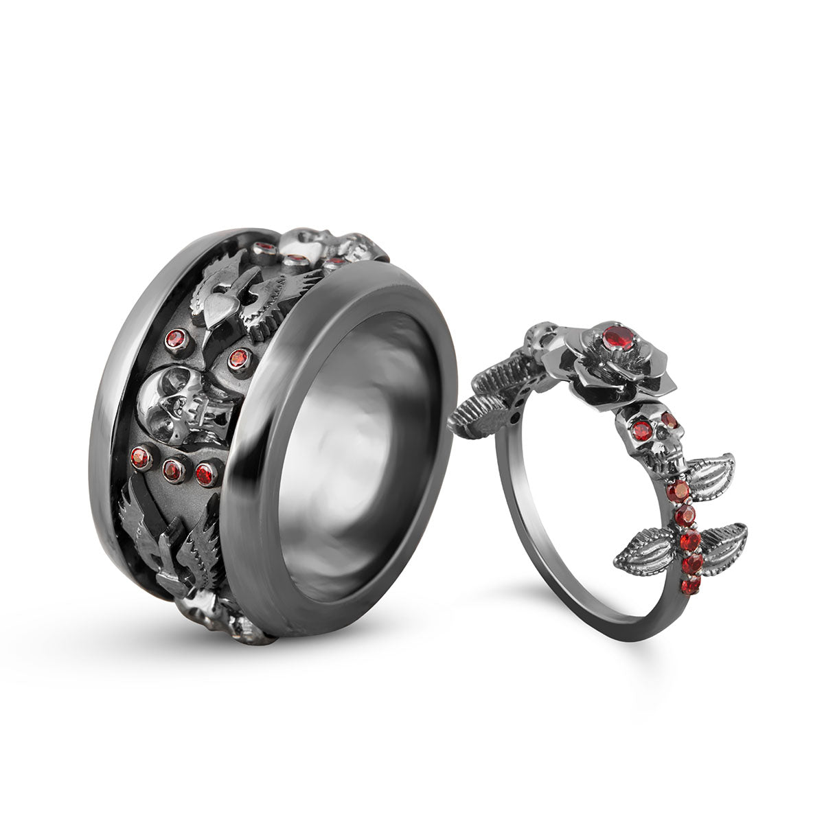 His and Her Skull Rings Rose Flower Gothic Engagement Ring Set