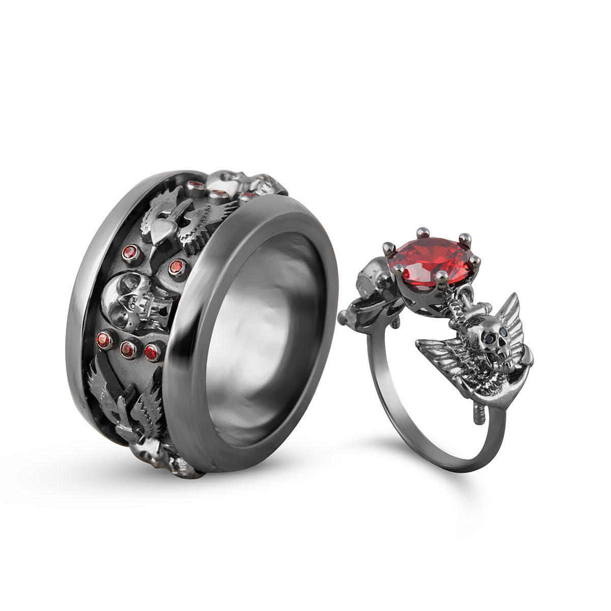 Dark Angel Wings Skull Rings Couple Gothic Engagement Ring Set
