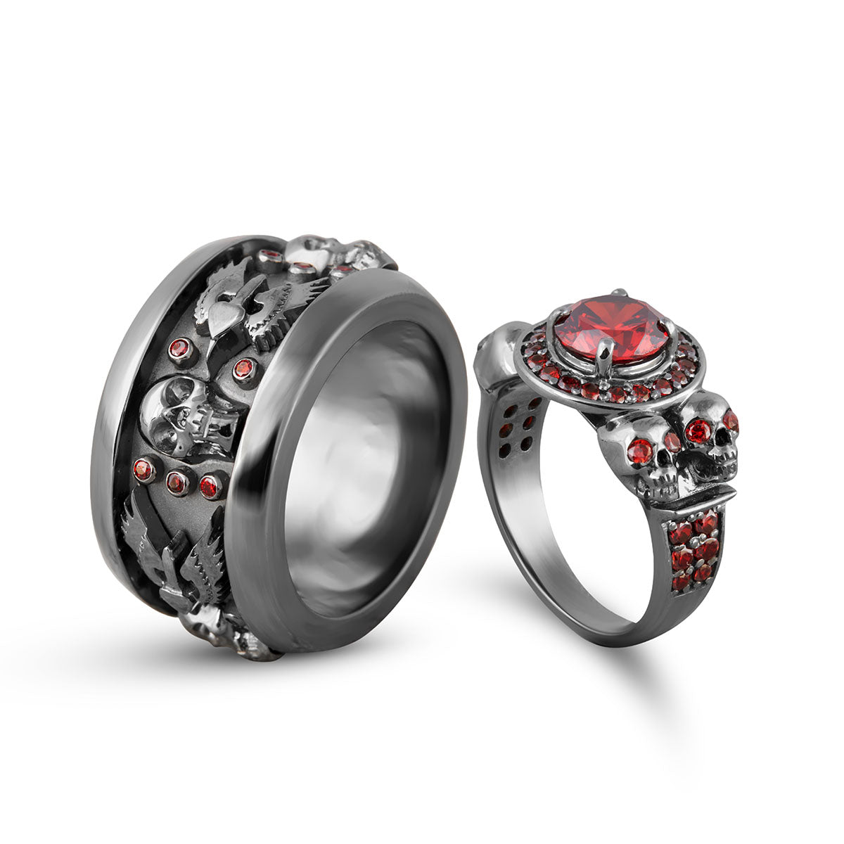 Halo Skull Engagement Ring Set His and Her Gothic Rings Couple