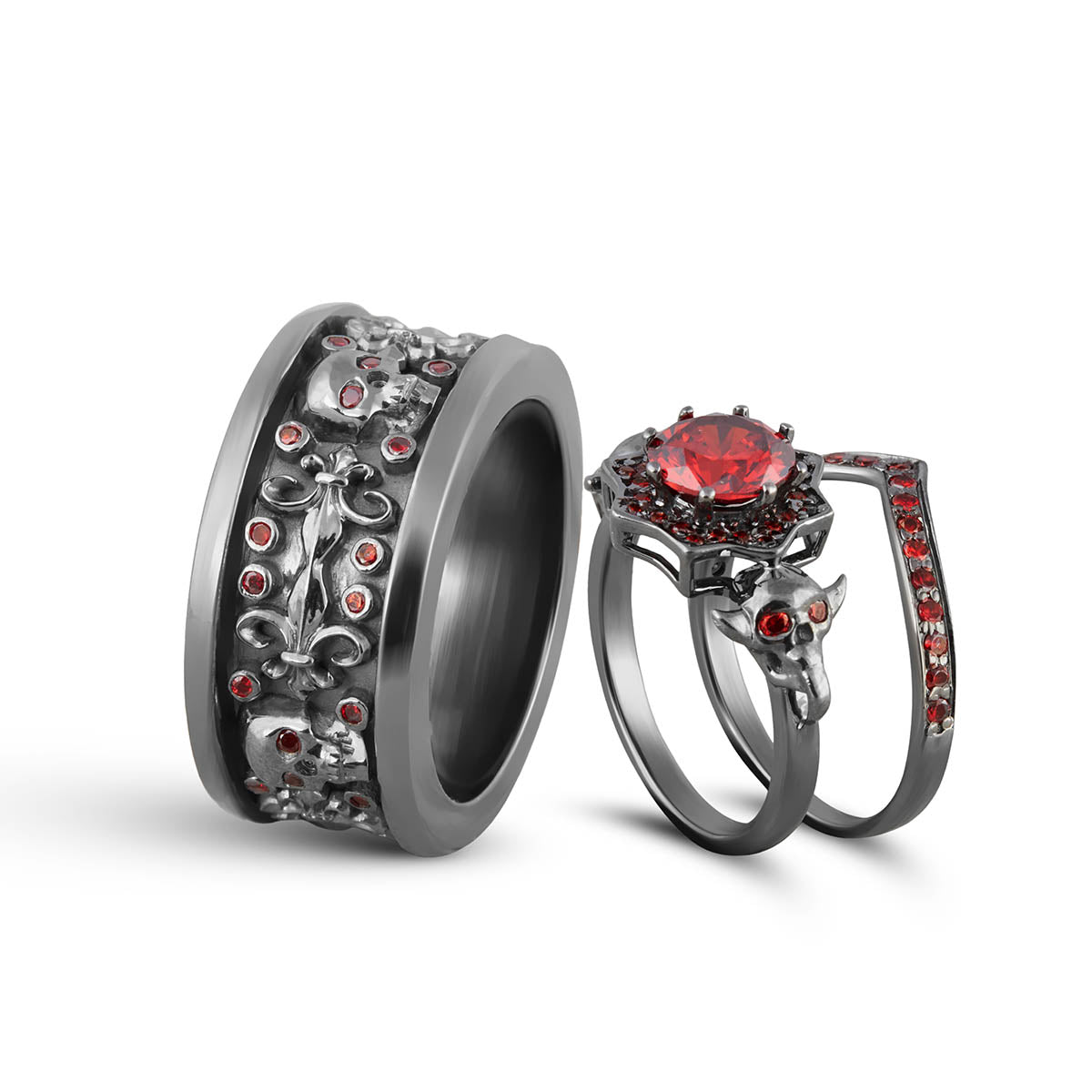 Red Garnet Devil Skull Wedding Ring Set His and Her Gothic Trio Couple Rings