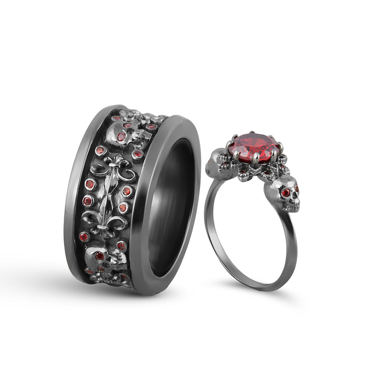 Skull Wedding Ring Set His and Hers Gothic Engagement Rings
