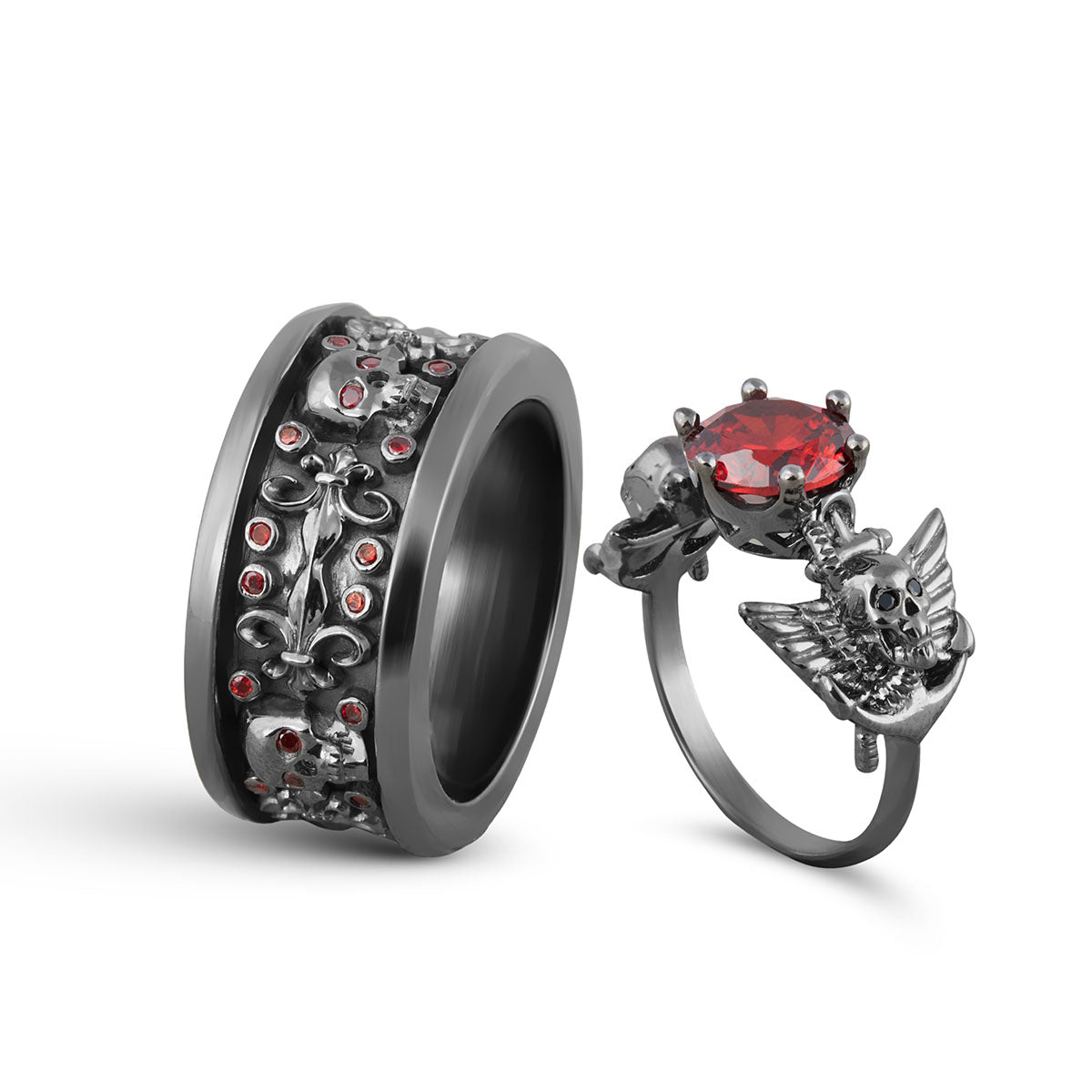 Winged Skull Engagement Ring Fleur De Lis Wedding Band Couple Set