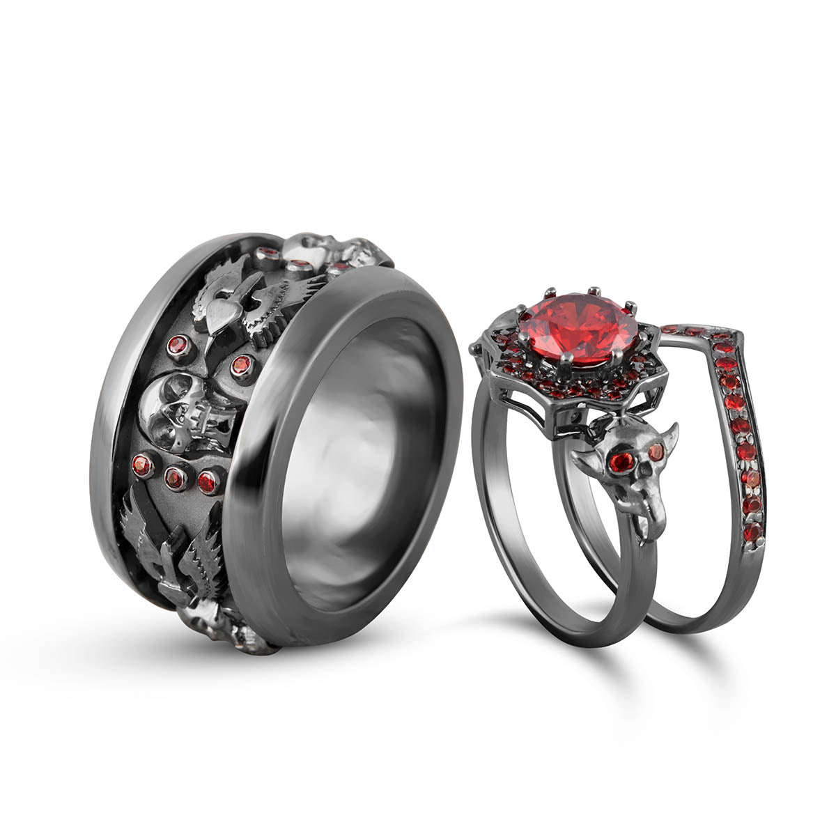 Trio Skull Wedding Ring Set His and Her Matching Gothic Rings