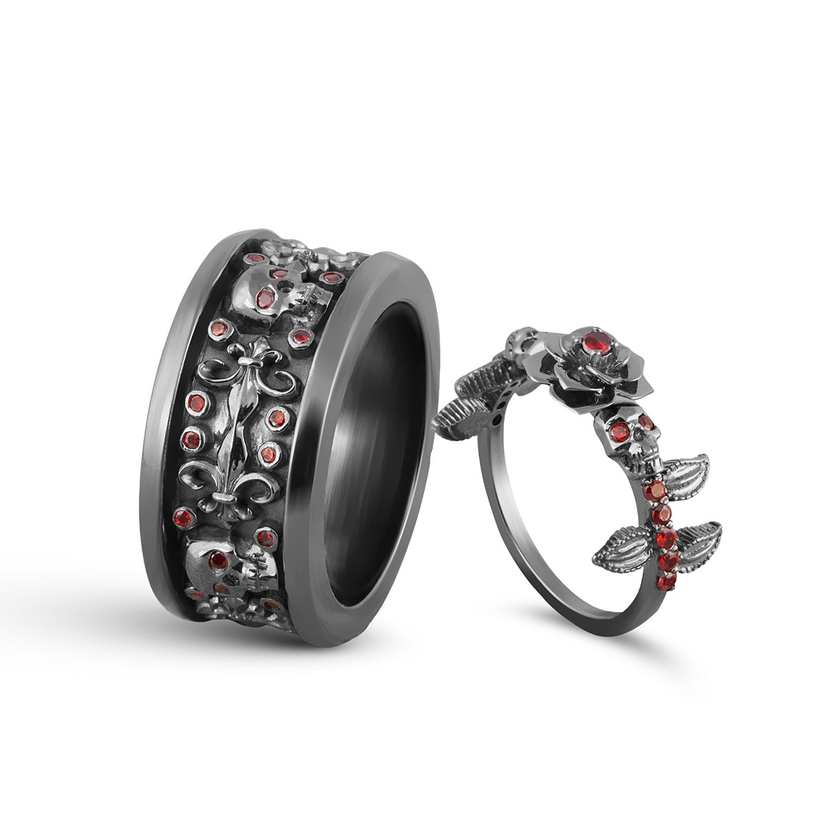 Rose Skull Ring Matching Gothic Wedding Band Couple Set Gun Metal