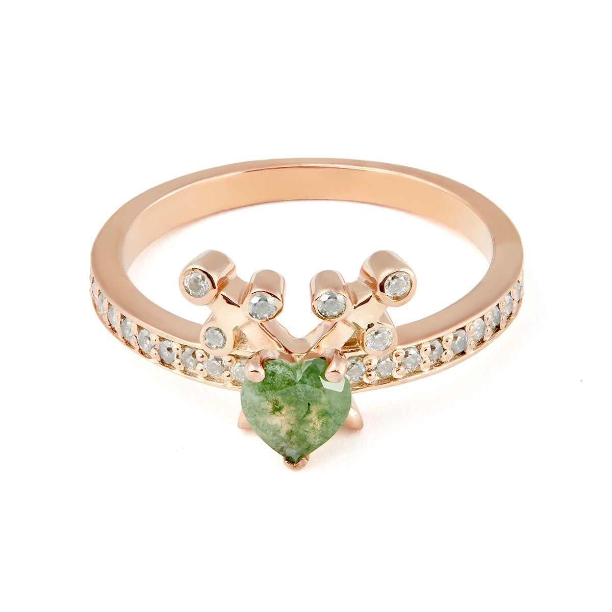 Praposal ring deer antler with a heart-shaped moss agate center stone and diamond-accented band.