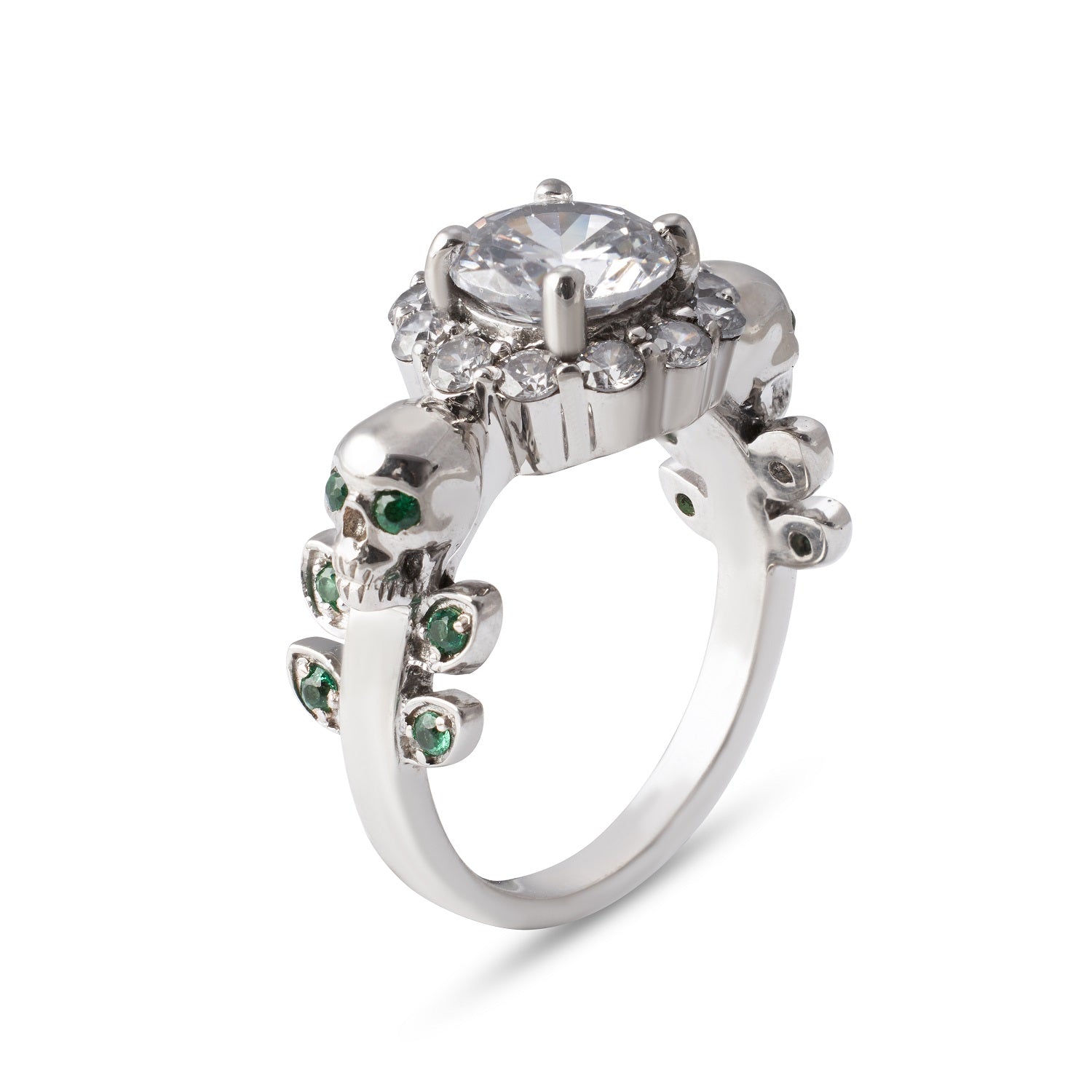 diamond skull ring with floral leaf design in sterling Silver or white gold