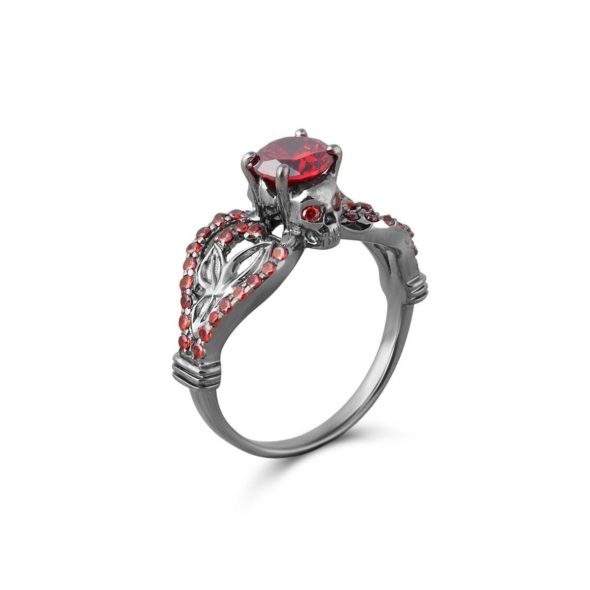 Leaf Skull Engagement Ring Red Garnet Gothic Skull Ring Silver