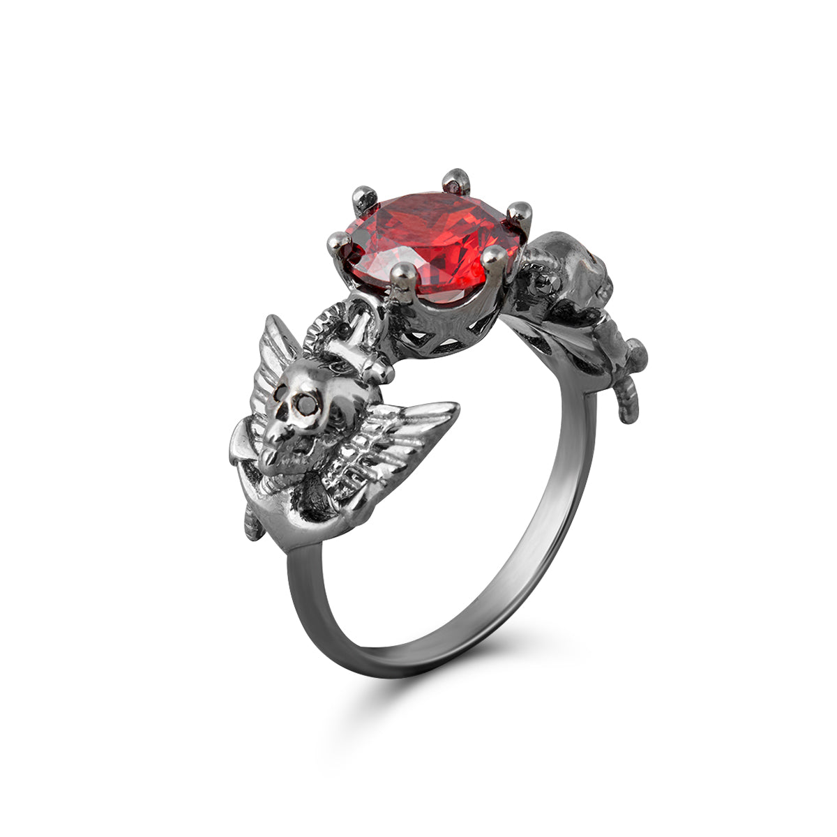solitaire garnet winged skull ring crafted from sterling silver