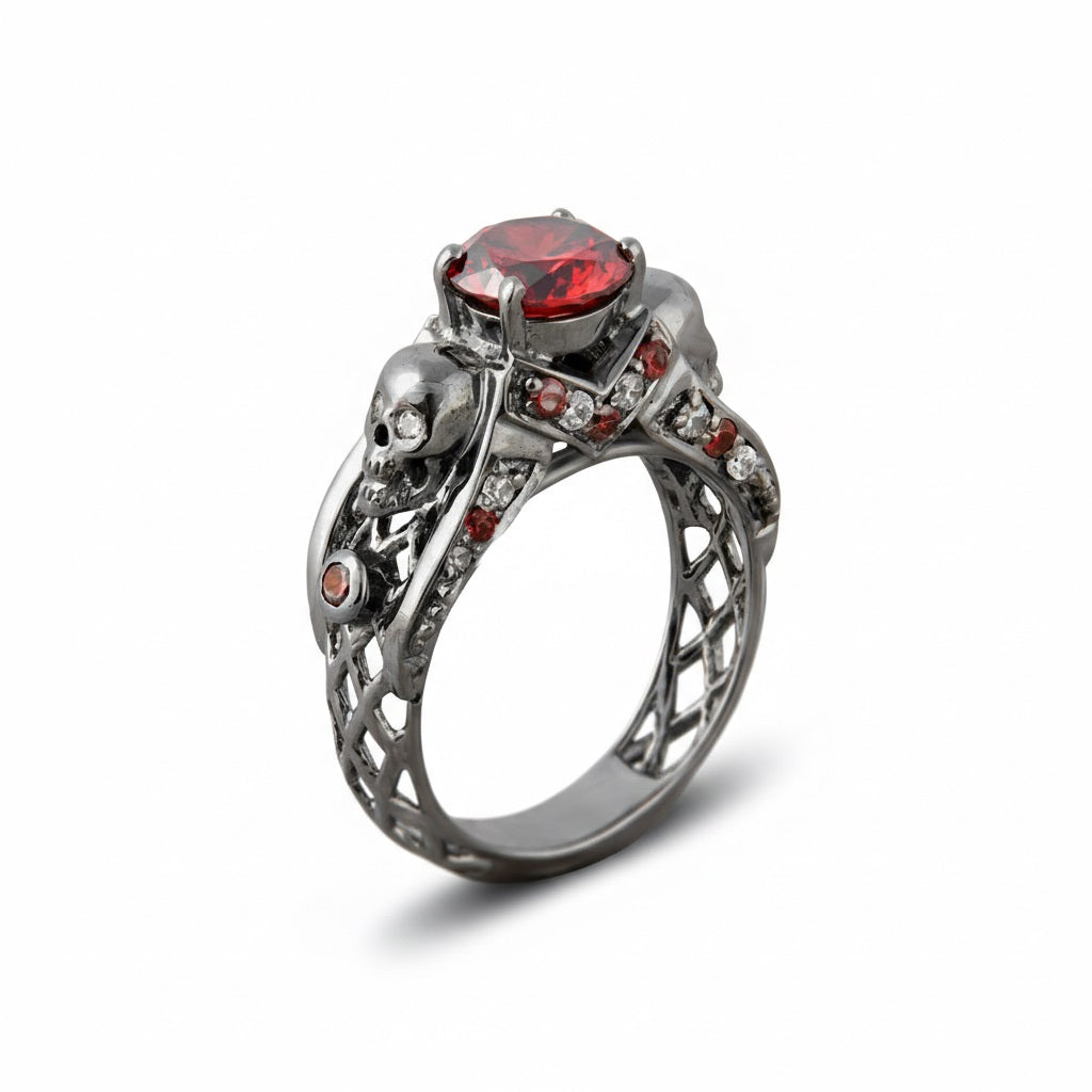 Black Skull Ring with Red Garnet and Criss Cross Mesh Design