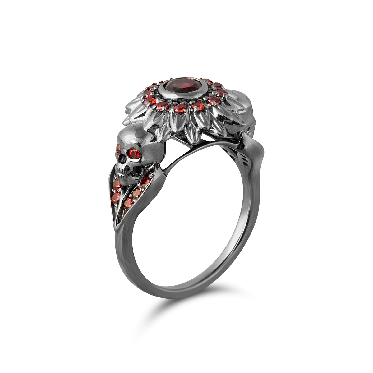 flower ring with skull design in gun metal finished sterling silver