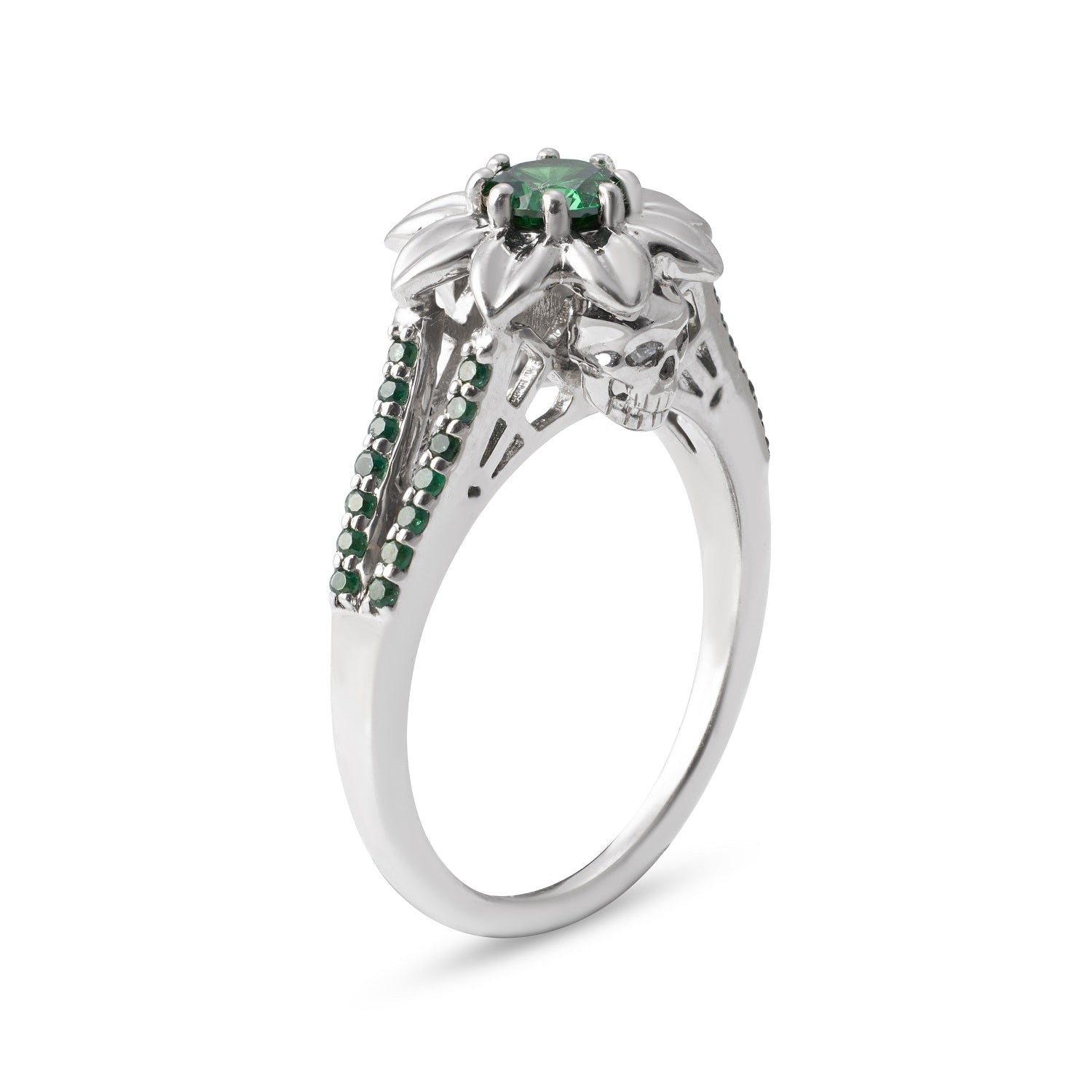 Green emerald skull ring with flower design and split shank band crafted in 925 sterling silver