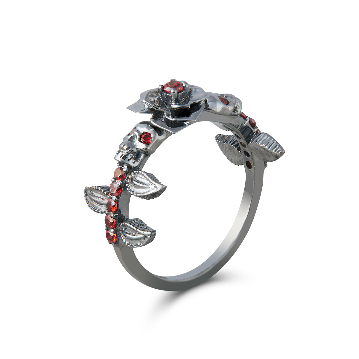Rose skull ring with red gemstones, crafted from 925 sterling silver