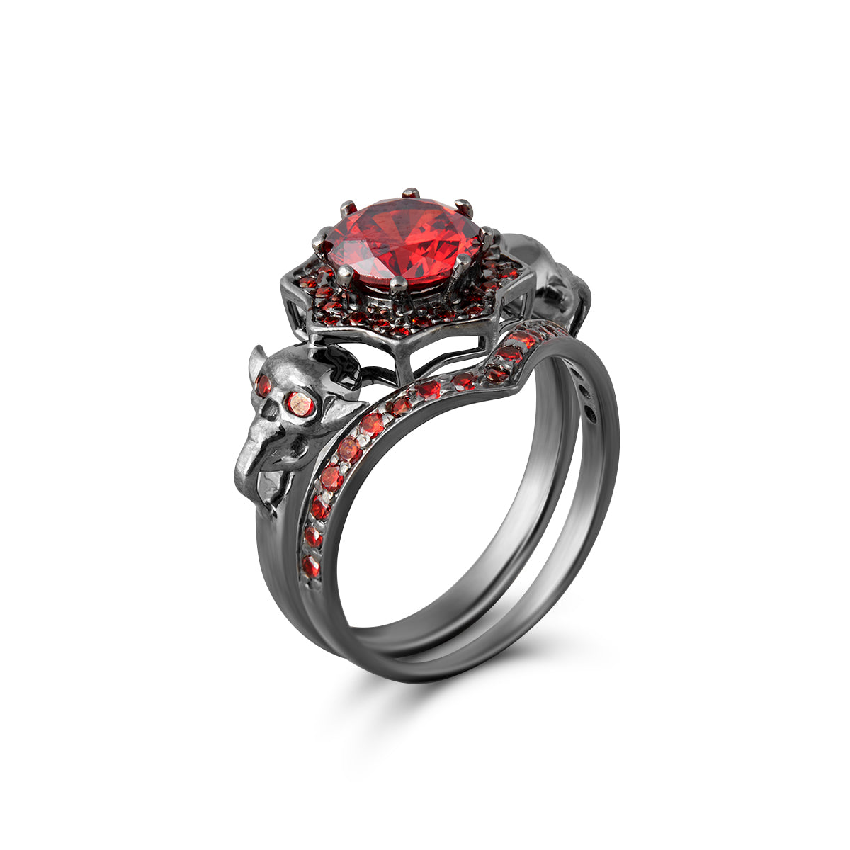 Vampire skull bridal ring set with red garnet gemstones in gun metal plated sterling silver